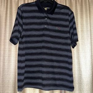 Greg Norman Mens Large Black Gray Striped Button Short Sleeve Polo